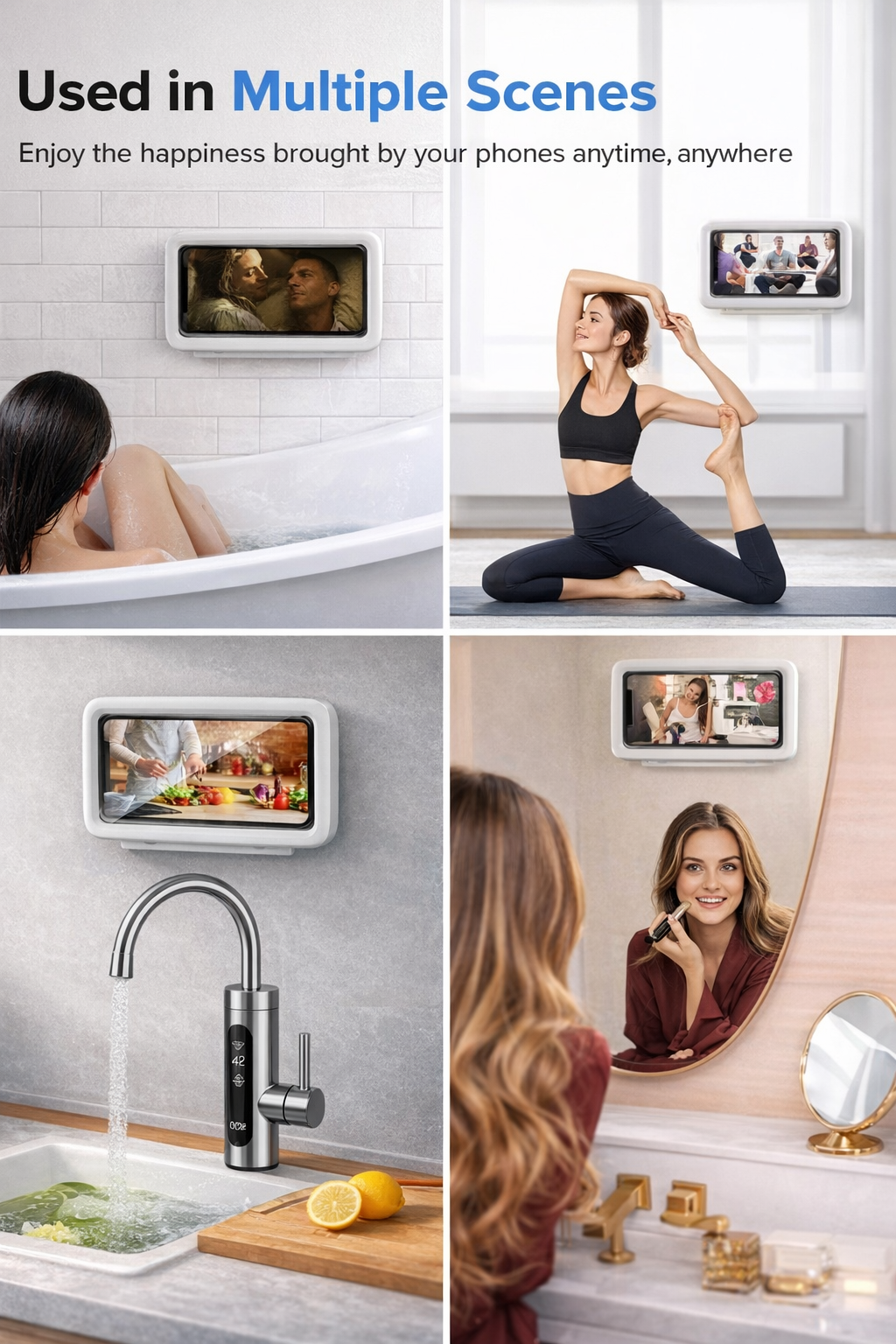 Waterproof Shower Phone Holder, 360° Rotation Case, High Sensitivity Cover Box for Bathroom Wall Kitchen, Compatible with 6.8" Cell Phones HD Touch Screen Holder Rotation