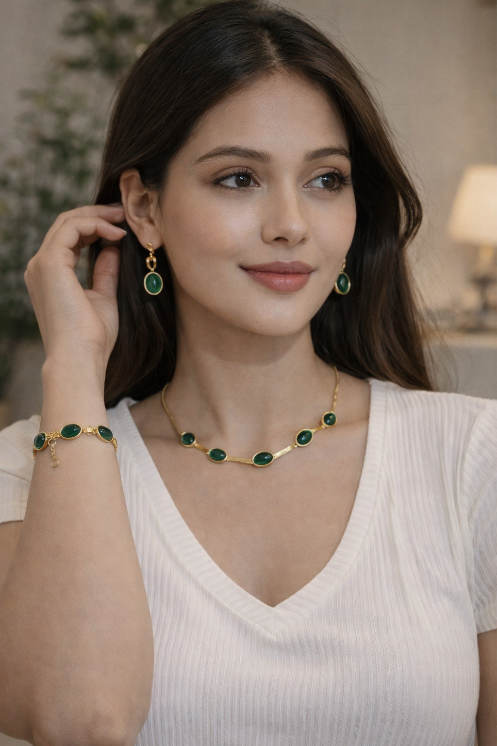 Oval Green Crystal Pendant Necklace Set With Bracelet