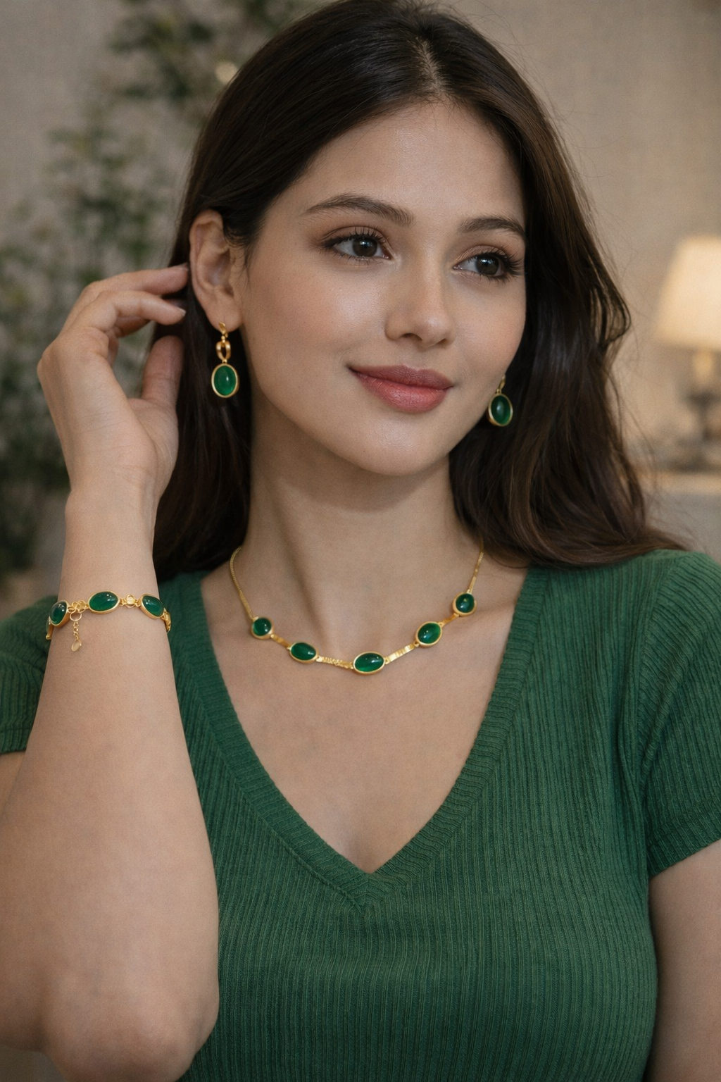 Oval Green Crystal Pendant Necklace Set With Bracelet