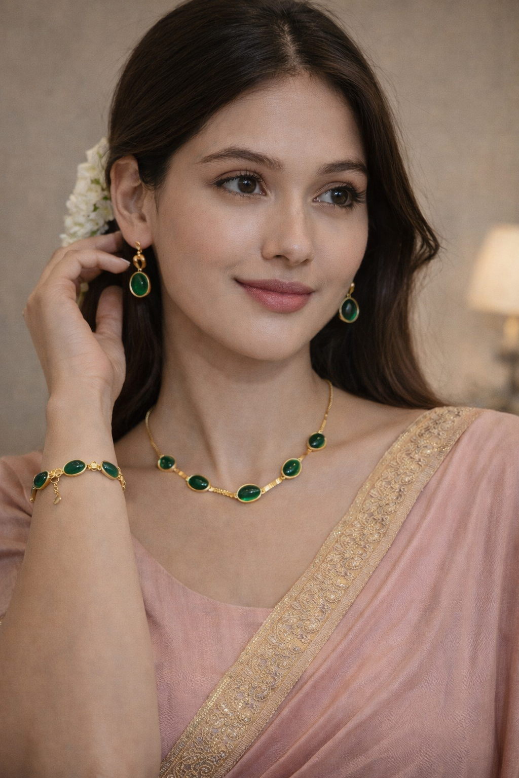 Oval Green Crystal Pendant Necklace Set With Bracelet