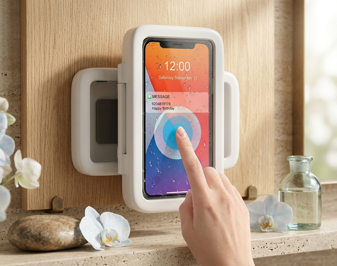 Waterproof Shower Phone Holder, 360° Rotation Case, High Sensitivity Cover Box for Bathroom Wall Kitchen, Compatible with 6.8" Cell Phones HD Touch Screen Holder Rotation