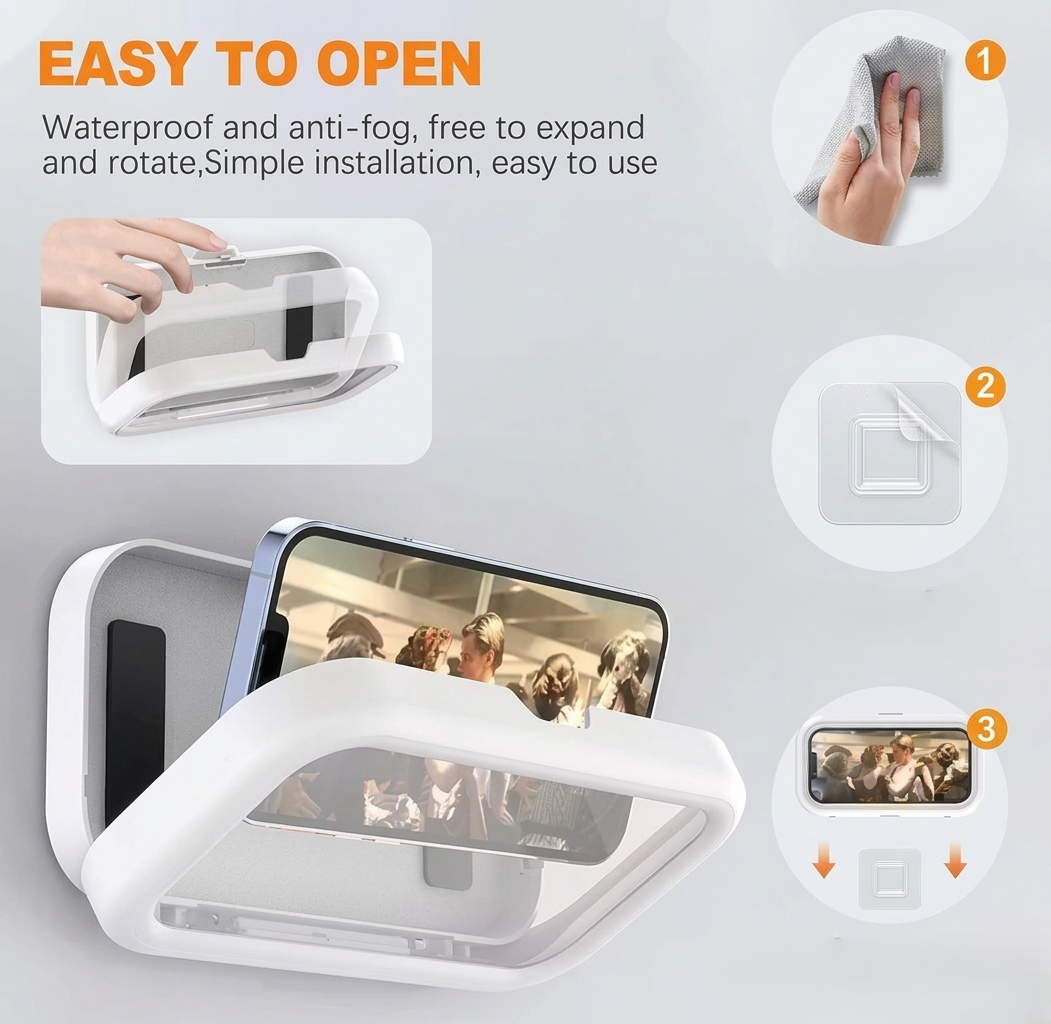 Waterproof Shower Phone Holder, 360° Rotation Case, High Sensitivity Cover Box for Bathroom Wall Kitchen, Compatible with 6.8" Cell Phones HD Touch Screen Holder Rotation